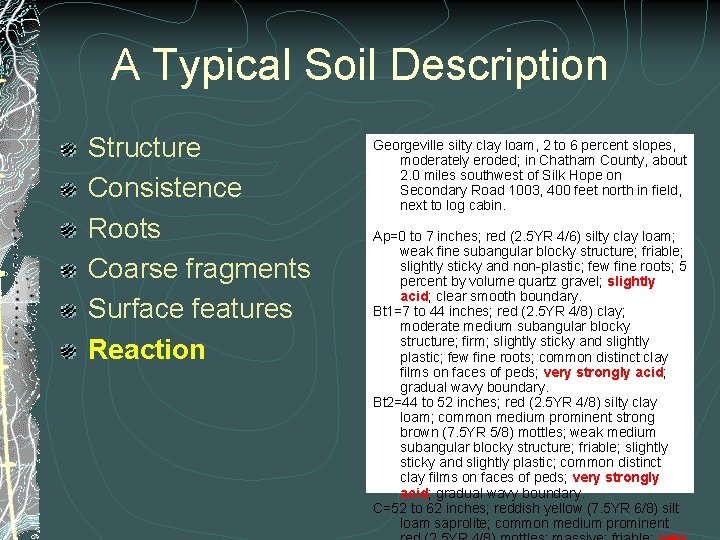 A Typical Soil Description Structure Consistence Roots Coarse fragments Surface features Reaction Georgeville silty