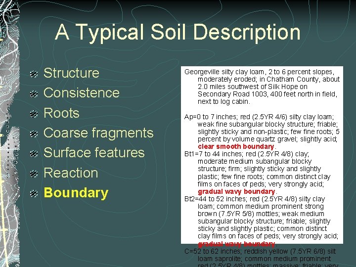 A Typical Soil Description Structure Consistence Roots Coarse fragments Surface features Reaction Boundary Georgeville