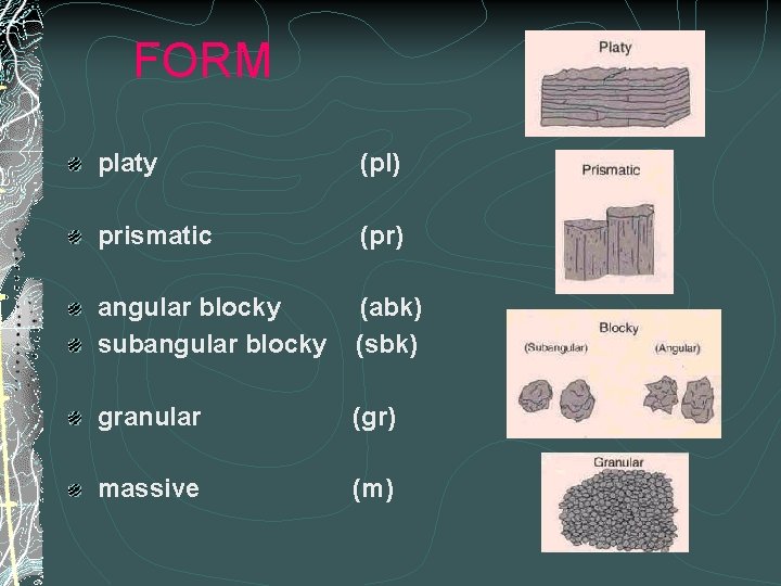  FORM platy (pl) prismatic (pr) angular blocky subangular blocky (abk) (sbk) granular (gr)