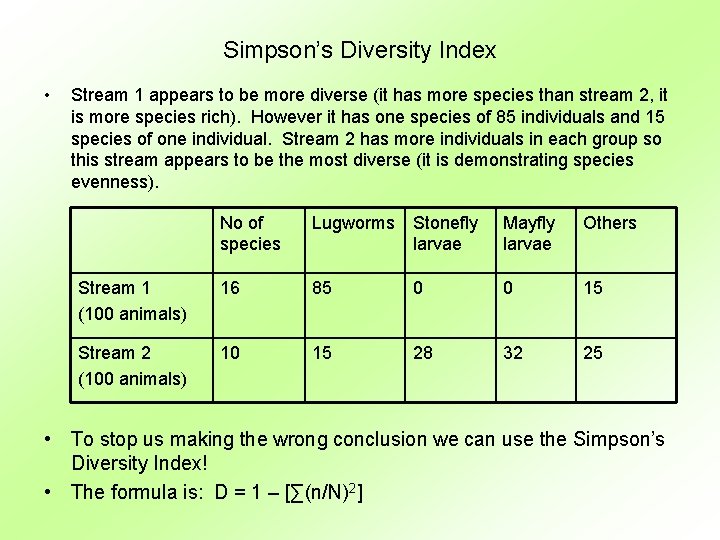 Simpson’s Diversity Index • Stream 1 appears to be more diverse (it has more