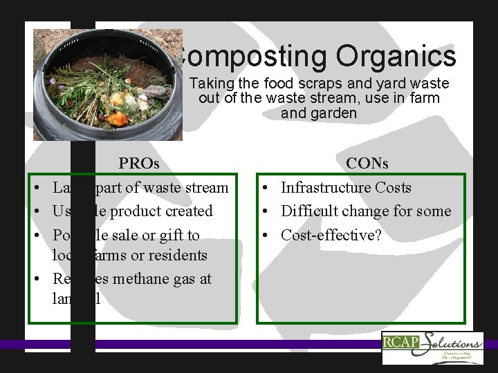 Composting Organics Taking the food scraps and yard waste out of the waste stream,