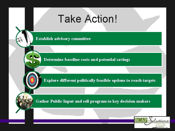 Take Action! Establish advisory committee Determine baseline costs and potential savings Explore different politically