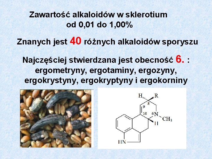 Zawartość alkaloidów w sklerotium od 0, 01 do 1, 00% Znanych jest 40 różnych