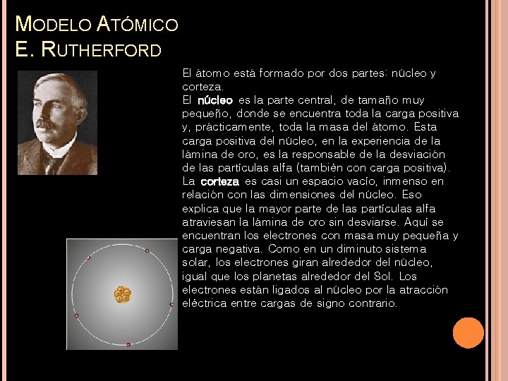 MODELO ATÓMICO E. RUTHERFORD El átomo está formado por dos partes: núcleo y corteza.