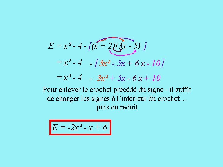 E = x² - 4 - [(x + 2)(3 x - 5) ] [