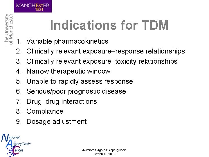 Indications for TDM 1. 2. 3. 4. 5. 6. 7. 8. 9. Variable pharmacokinetics