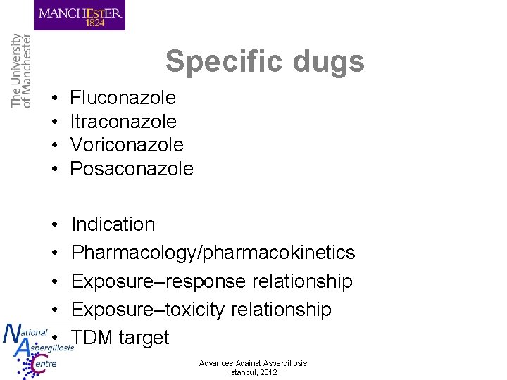 Specific dugs • • Fluconazole Itraconazole Voriconazole Posaconazole • • • Indication Pharmacology/pharmacokinetics Exposure–response