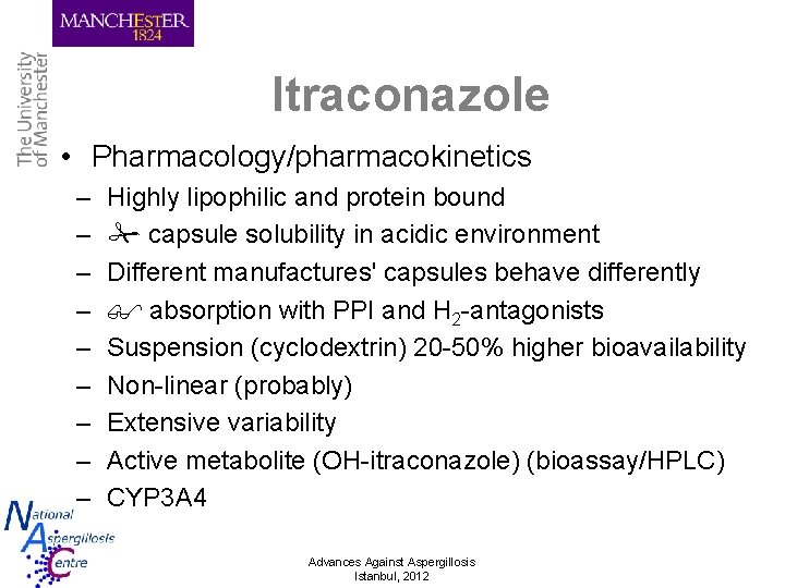 Itraconazole • Pharmacology/pharmacokinetics – – – – – Highly lipophilic and protein bound capsule