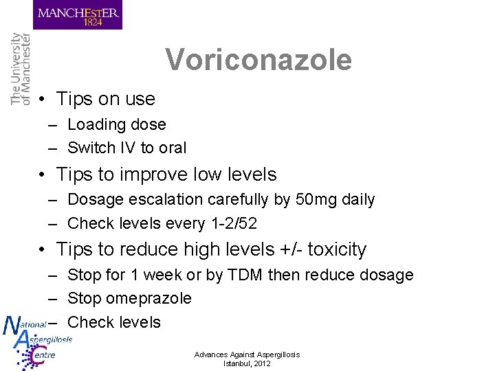 Voriconazole • Tips on use – Loading dose – Switch IV to oral •