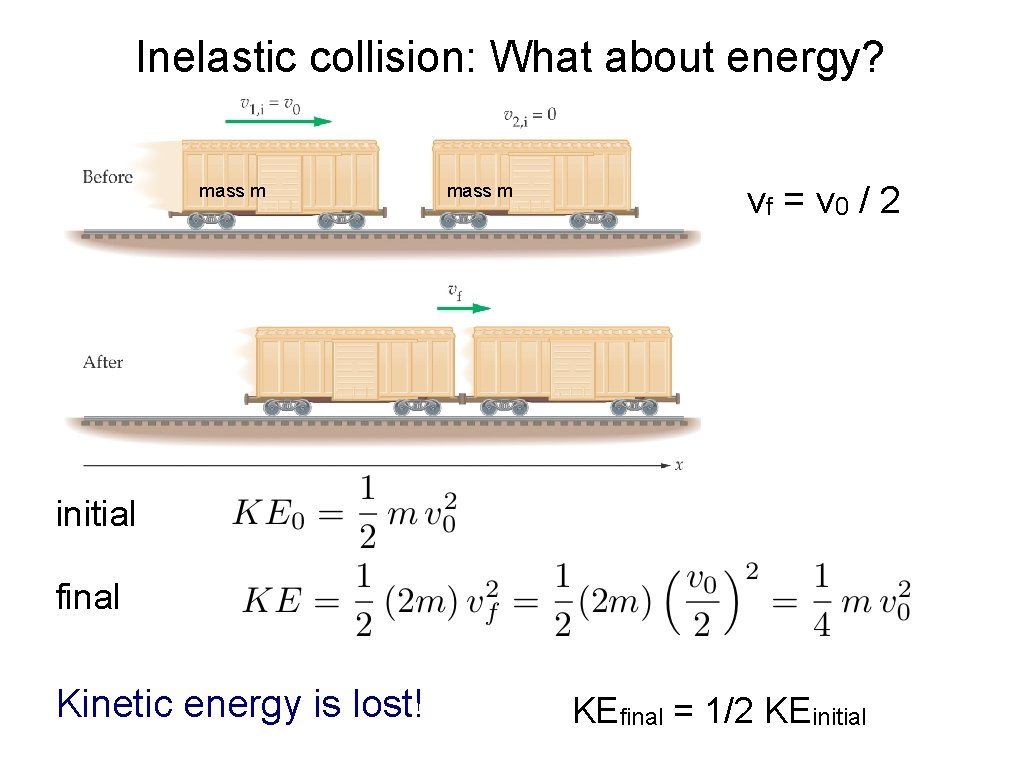 Inelastic collision: What about energy? mass m vf = v 0 / 2 initial