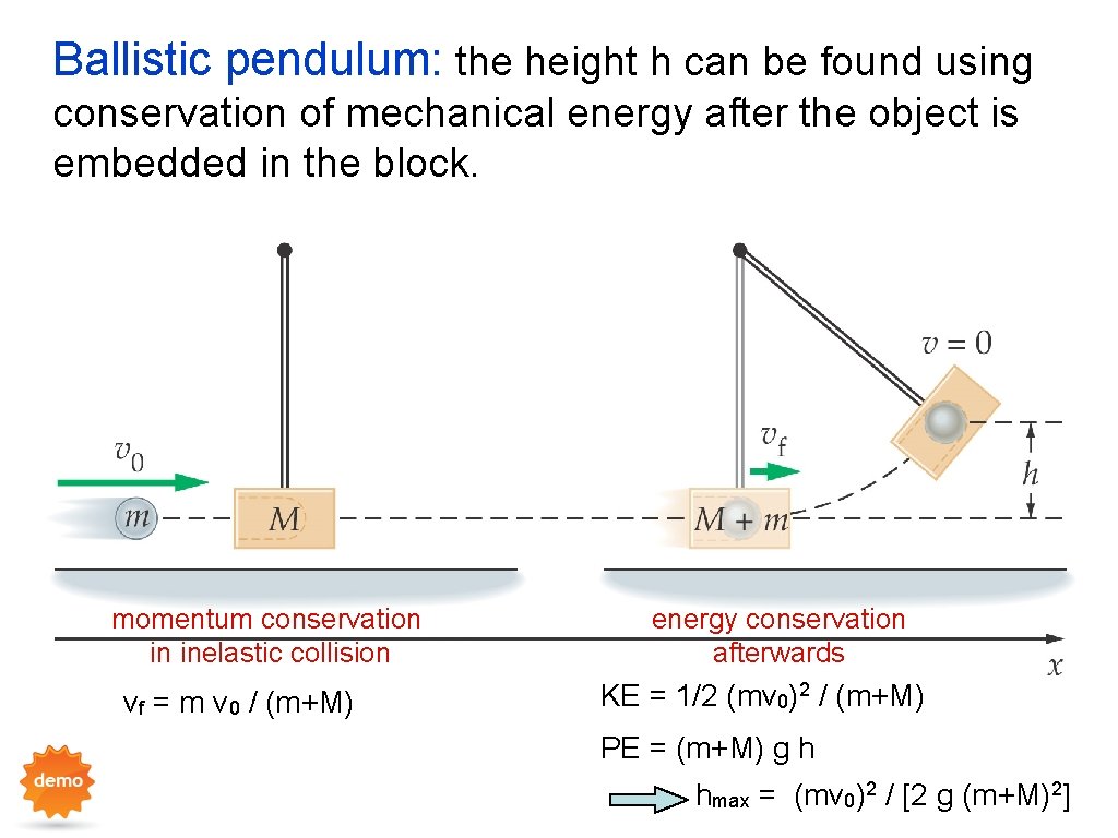 Ballistic pendulum: the height h can be found using conservation of mechanical energy after