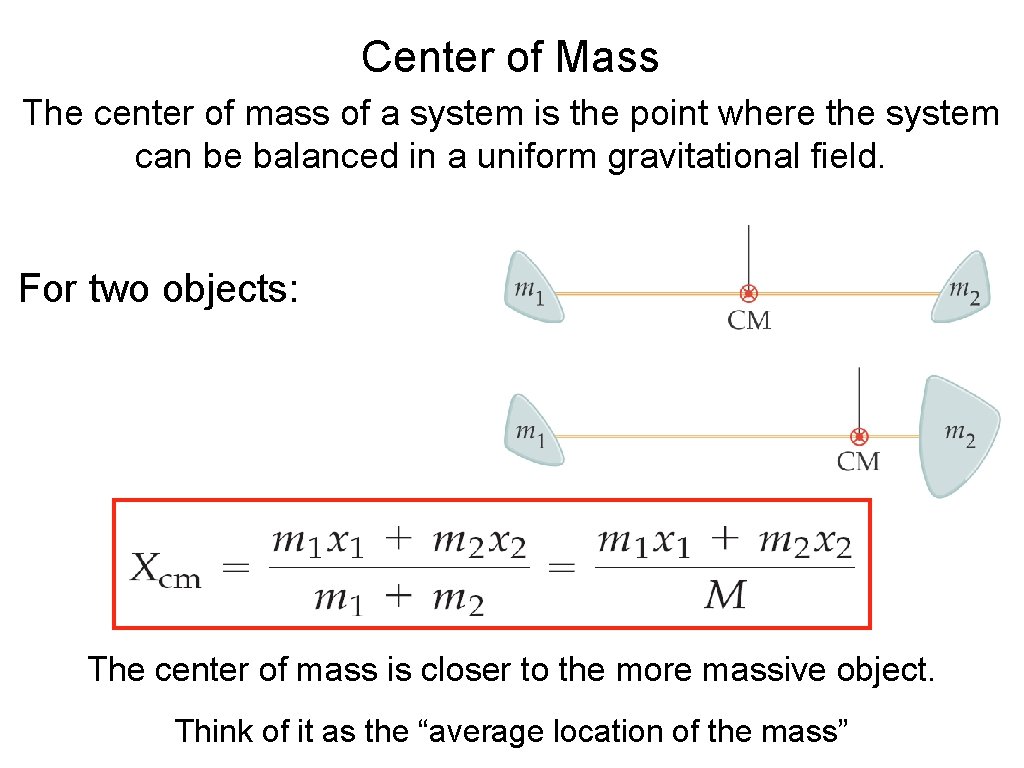Center of Mass The center of mass of a system is the point where