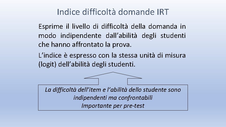 Indice difficoltà domande IRT Esprime il livello di difficoltà della domanda in modo indipendente