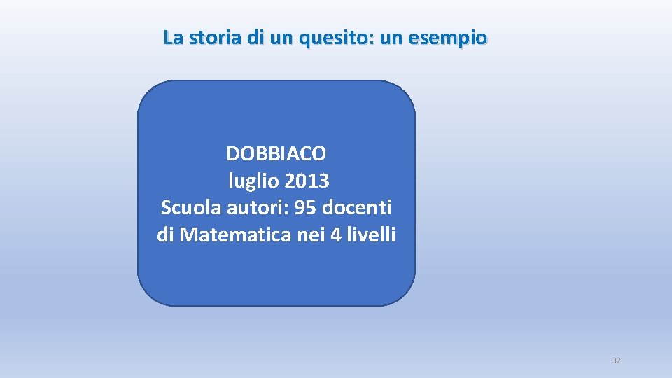 La storia di un quesito: un esempio DOBBIACO luglio 2013 Scuola autori: 95 docenti