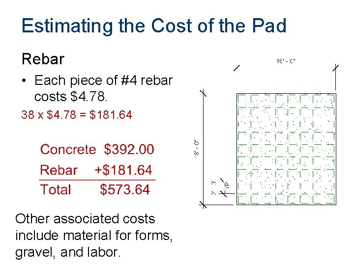 Estimating the Cost of the Pad Rebar • Each piece of #4 rebar costs