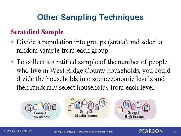Other Sampling Techniques Stratified Sample • Divide a population into groups (strata) and select