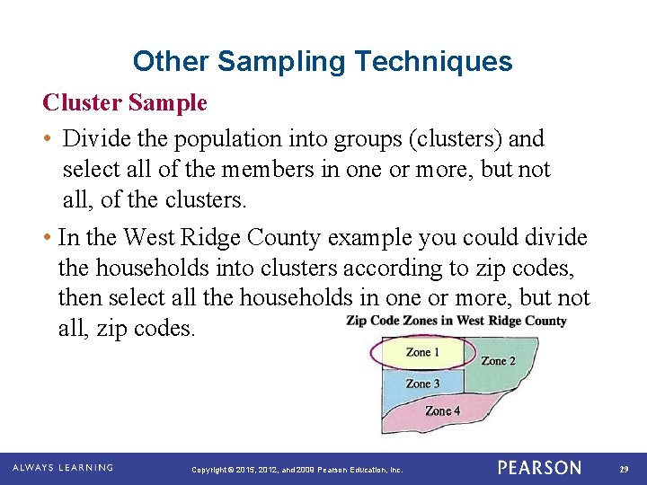 Other Sampling Techniques Cluster Sample • Divide the population into groups (clusters) and select