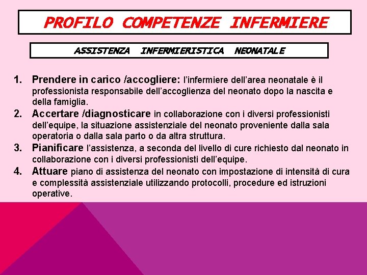 PROFILO COMPETENZE INFERMIERE ASSISTENZA INFERMIERISTICA NEONATALE 1. Prendere in carico /accogliere: l’infermiere dell’area neonatale