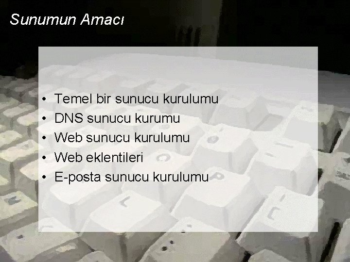 Sunumun Amacı • • • Temel bir sunucu kurulumu DNS sunucu kurumu Web sunucu Sunumun Amacı • • • Temel bir sunucu kurulumu DNS sunucu kurumu Web sunucu