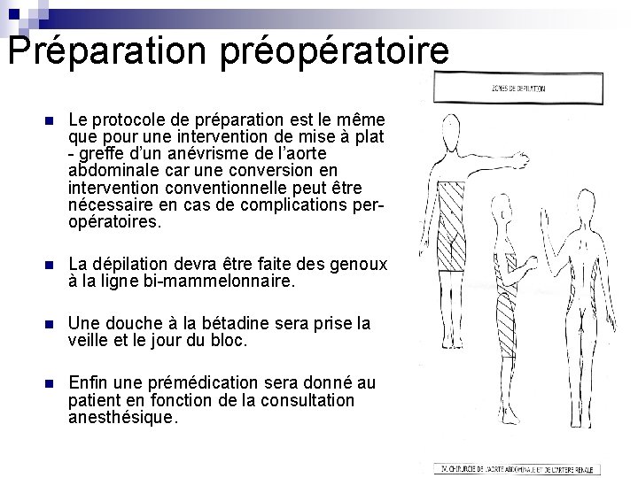 Préparation préopératoire n Le protocole de préparation est le même que pour une intervention