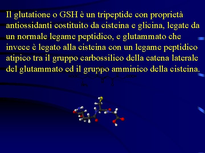 Il glutatione o GSH è un tripeptide con proprietà antiossidanti costituito da cisteina e