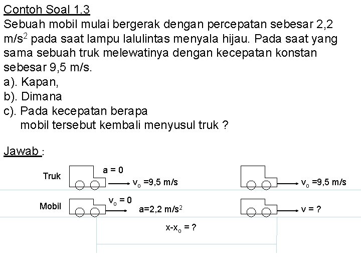 Contoh Soal 1. 3 Sebuah mobil mulai bergerak dengan percepatan sebesar 2, 2 m/s