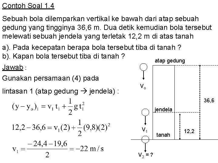 Contoh Soal 1. 4 Sebuah bola dilemparkan vertikal ke bawah dari atap sebuah gedung