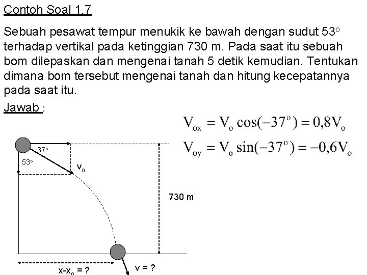 Contoh Soal 1. 7 Sebuah pesawat tempur menukik ke bawah dengan sudut 53 o