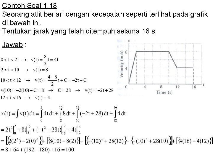 Contoh Soal 1. 18 Seorang atlit berlari dengan kecepatan seperti terlihat pada grafik di