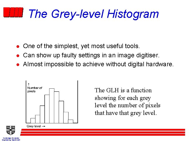 The Grey-level Histogram l l l One of the simplest, yet most useful tools.