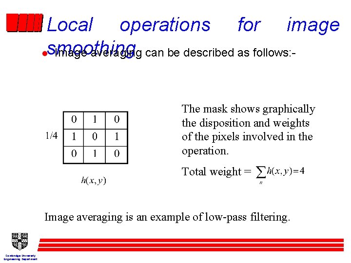 Local operations for image lsmoothing Image averaging can be described as follows: The mask