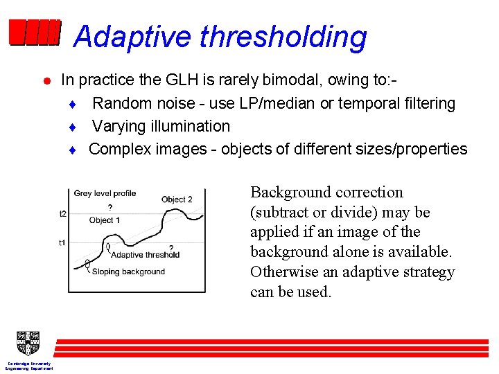 Adaptive thresholding l In practice the GLH is rarely bimodal, owing to: ¨ Random