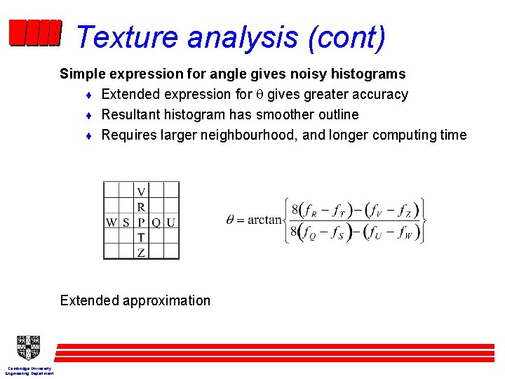 Texture analysis (cont) Simple expression for angle gives noisy histograms ¨ Extended expression for