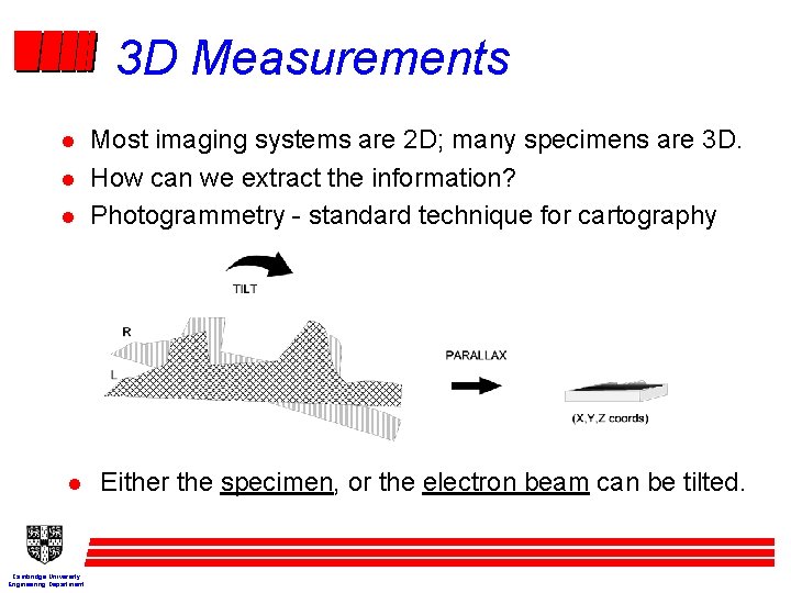 3 D Measurements l l Cambridge University Engineering Department Most imaging systems are 2