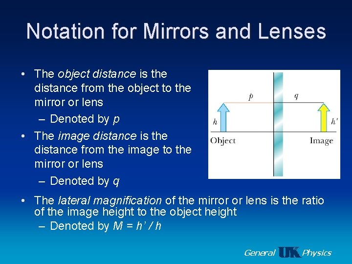 Notation for Mirrors and Lenses • The object distance is the distance from the