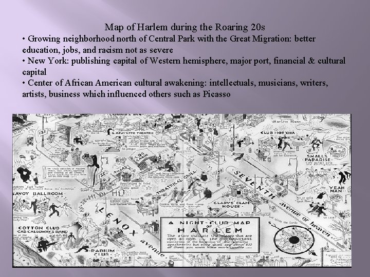 Map of Harlem during the Roaring 20 s • Growing neighborhood north of Central