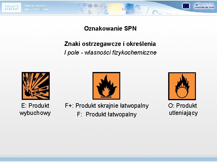 Oznakowanie SPN Znaki ostrzegawcze i określenia I pole - własności fizykochemiczne E: Produkt wybuchowy