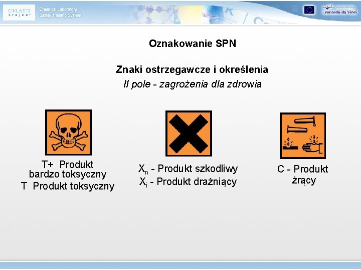 Oznakowanie SPN Znaki ostrzegawcze i określenia II pole - zagrożenia dla zdrowia T+ Produkt