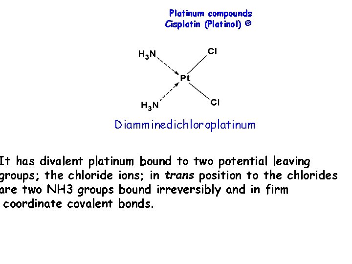 Platinum compounds Cisplatin (Platinol) ® Diamminedichloroplatinum It has divalent platinum bound to two potential