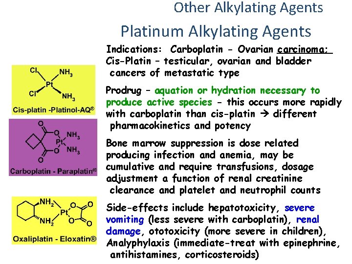 Other Alkylating Agents Platinum Alkylating Agents Indications: Carboplatin - Ovarian carcinoma; Cis-Platin – testicular,