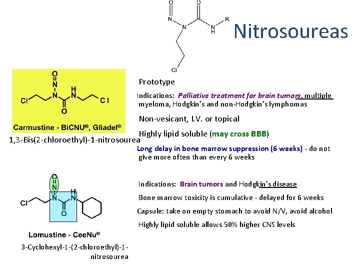 Nitrosoureas Prototype Indications: Palliative treatment for brain tumors, multiple myeloma, Hodgkin’s and non-Hodgkin’s lymphomas