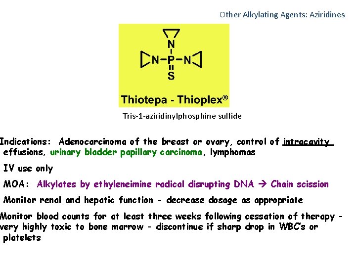 Other Alkylating Agents: Aziridines Tris-1 -aziridinylphosphine sulfide Indications: Adenocarcinoma of the breast or ovary,