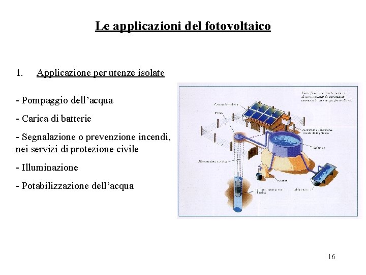 Le applicazioni del fotovoltaico 1. Applicazione per utenze isolate - Pompaggio dell’acqua - Carica