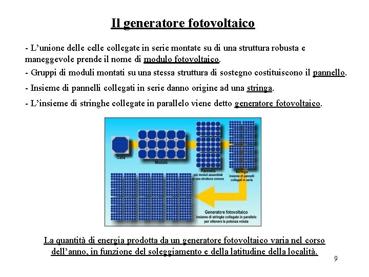 Il generatore fotovoltaico - L’unione delle collegate in serie montate su di una struttura
