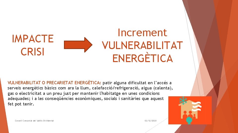 IMPACTE CRISI Increment VULNERABILITAT ENERGÈTICA VULNERABILITAT O PRECARIETAT ENERGÈTICA: patir alguna dificultat en l’accés