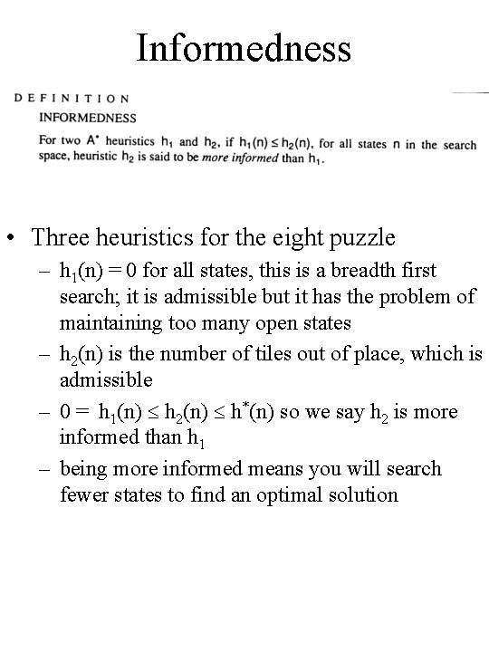 Informedness • Three heuristics for the eight puzzle – h 1(n) = 0 for