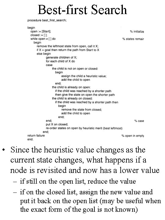 Best-first Search • Since the heuristic value changes as the current state changes, what