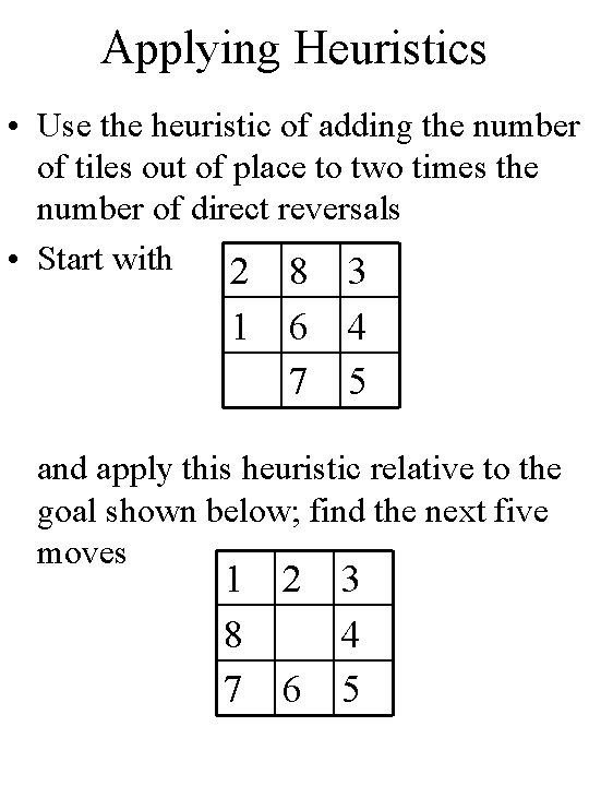 Applying Heuristics • Use the heuristic of adding the number of tiles out of