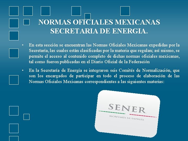 NORMAS OFICIALES MEXICANAS SECRETARIA DE ENERGIA. • En esta sección se encuentran las Normas