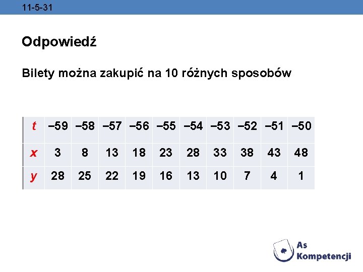 11 -5 -31 Odpowiedź Bilety można zakupić na 10 różnych sposobów t − 59